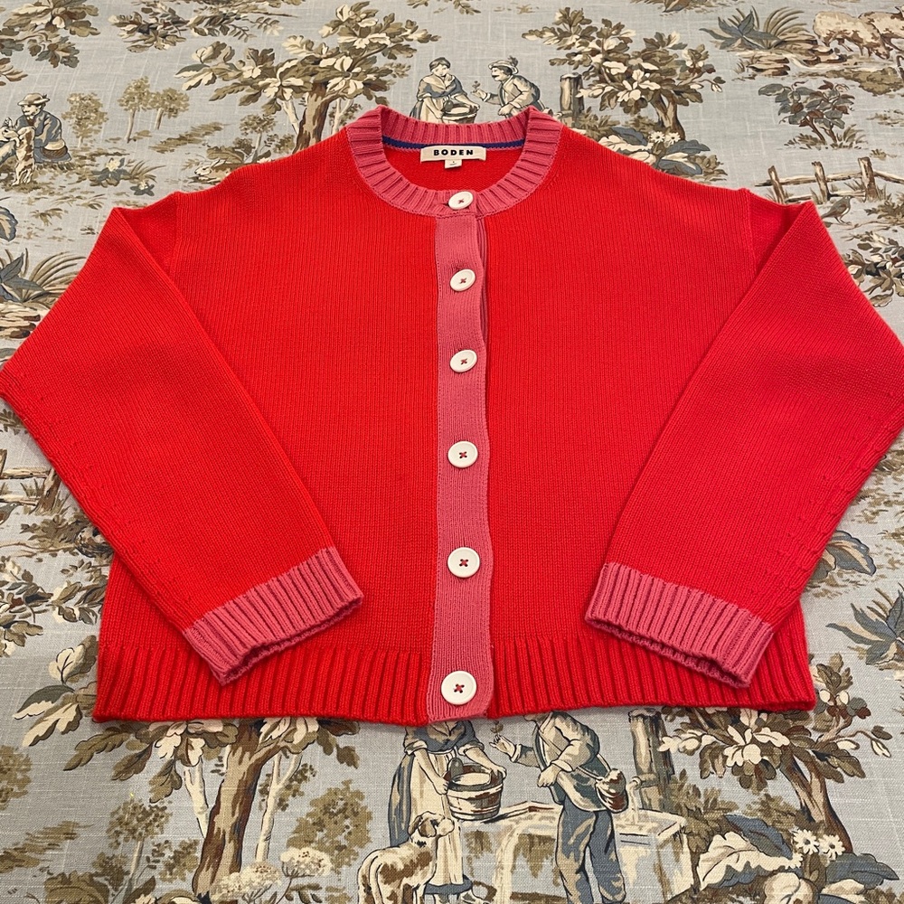 Boden Jemma Chunky Cardigan  Poppy Red with Pink Trim Size S